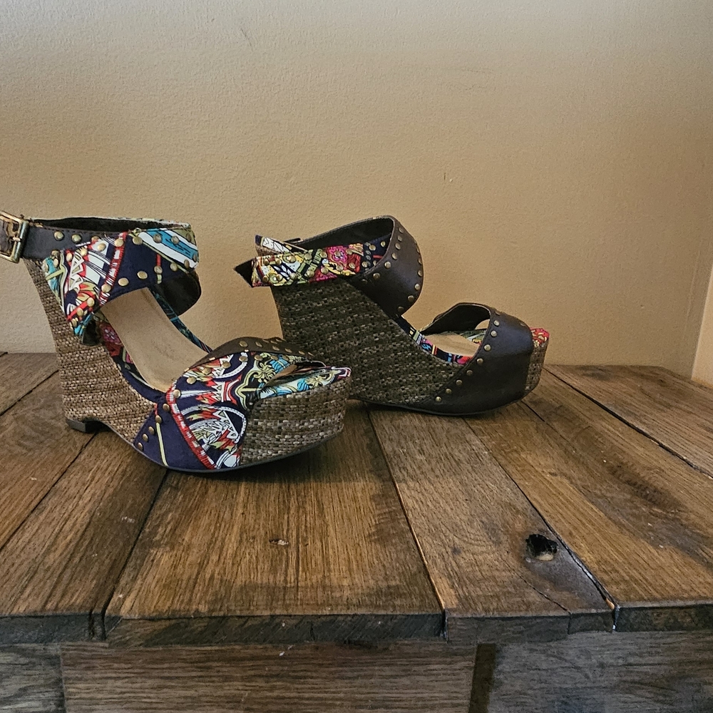Not Rated Black and Brown Wedge Sandals with Floral Design